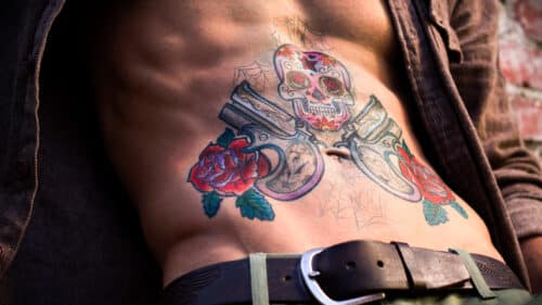 Tat Bar Sugar Skull with pistols and red roses realistic temporary tattoo