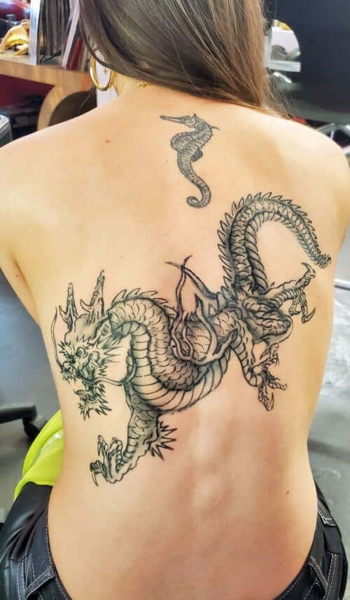 Dragon Airbrush Back Tattoo by Tat Bar Las Vegas