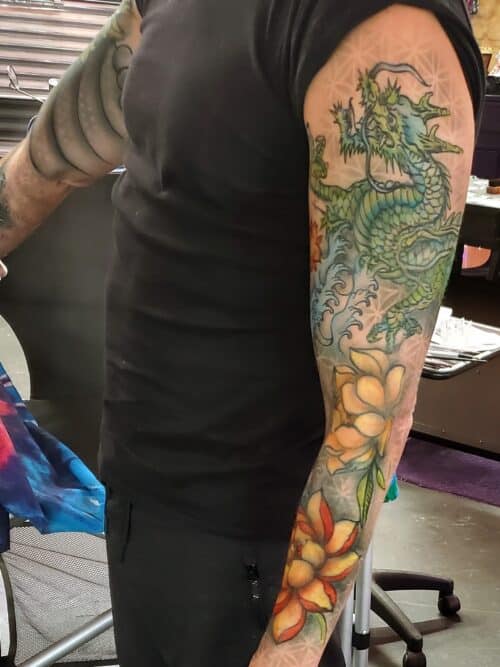 Green Dragon Airbrush Sleeve Tattoo by Tat Bar Las Vegas