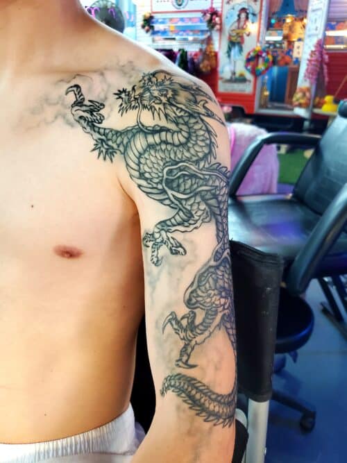 Upper Arm Dragon Airbrush Sleeve Tattoo by Tat Bar Las Vegas